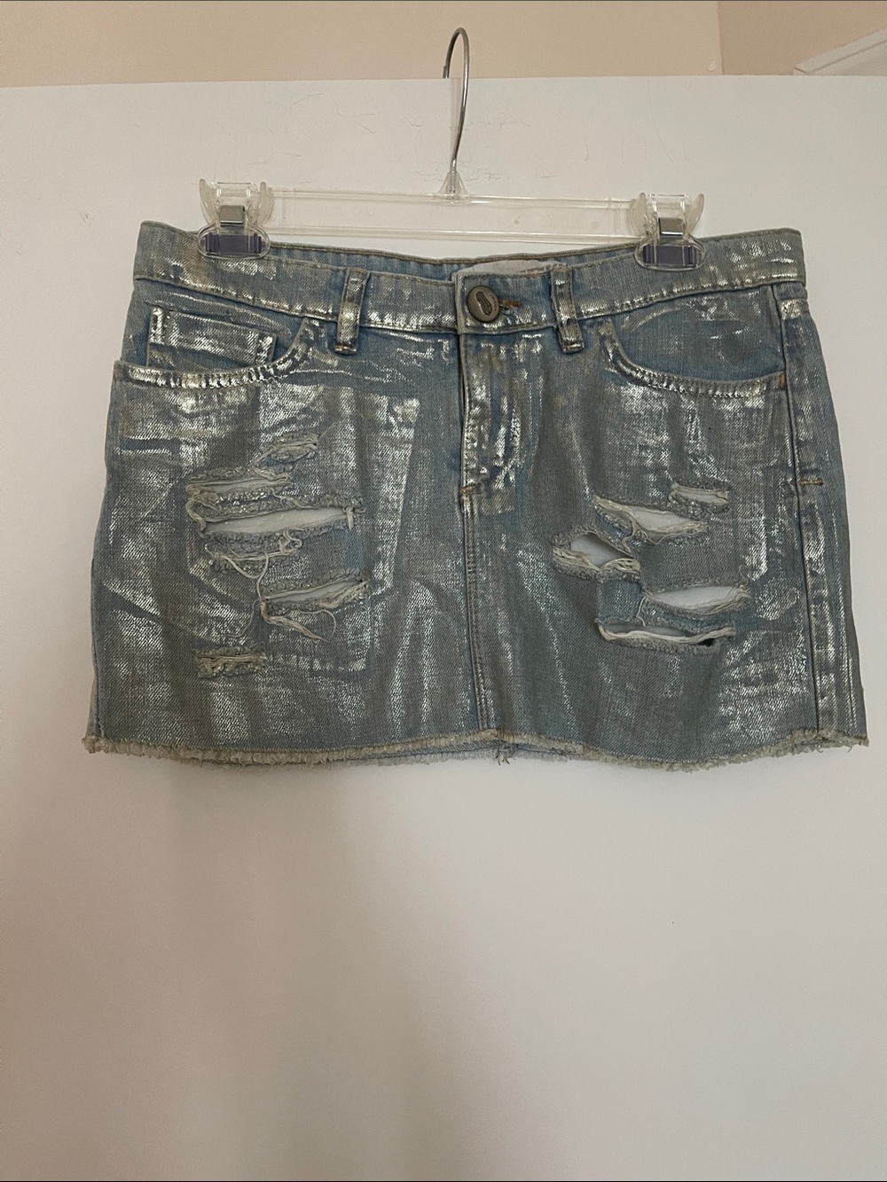 Silver Metallic Distressed Denim Mini Skirt